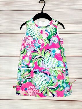 Lilly Pulitzer Girls Classic Shift Dress Sleeveless Cotton Green White Pink sz 5